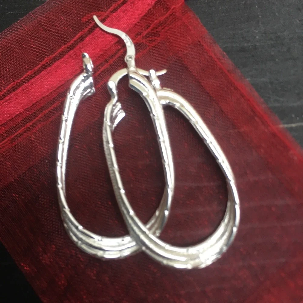 New Pair Sterling Silver Etched Abstract Oblong Hoop Earrings